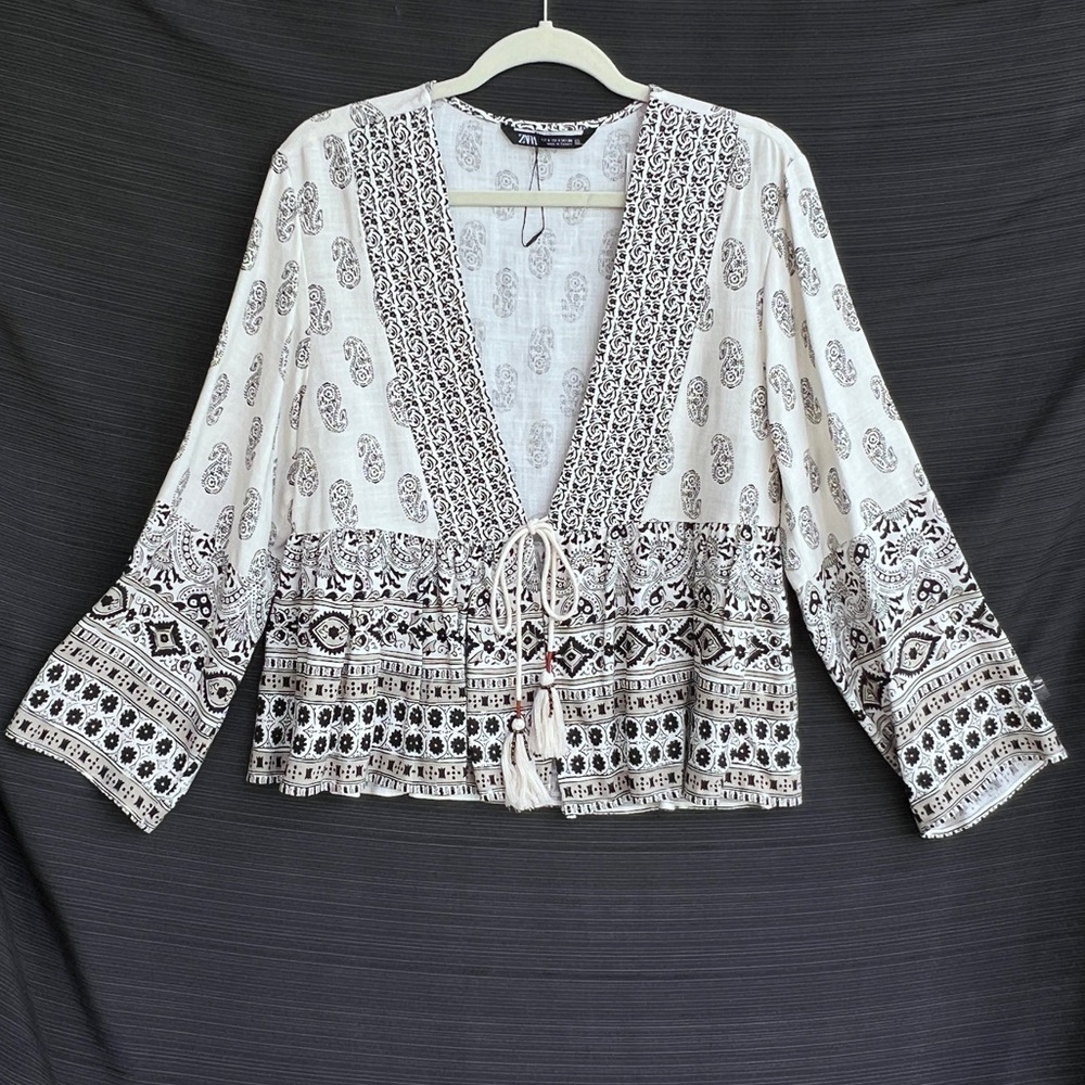 ZARA Linen paisley boho blouse ivory size S - Picture 6 of 17
